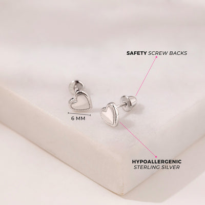 Detailed Polish Heart Baby / Toddler / Kids Earrings Screw Back - Sterling Silver