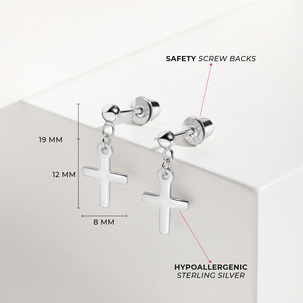 My First Dangle Cross Kids / Children's / Girls Earrings Screw Back - Sterling Silver