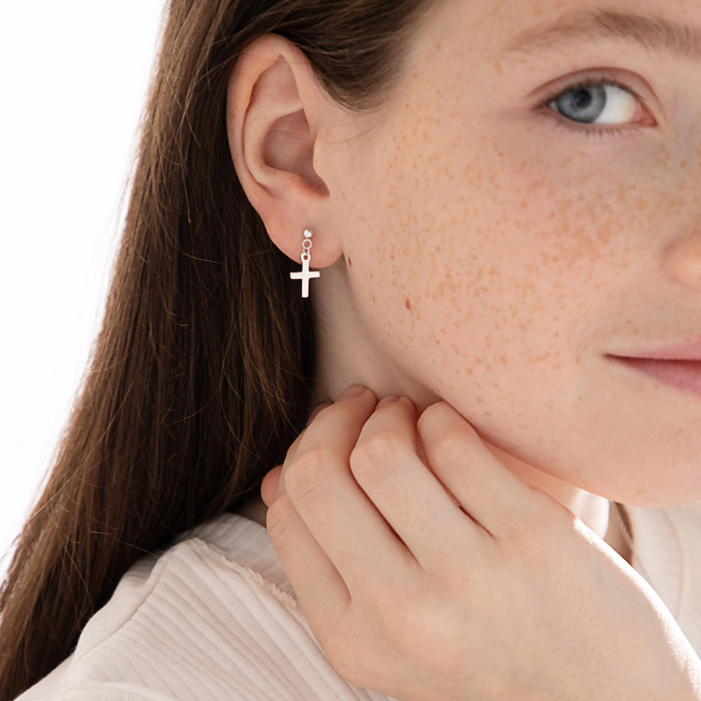 My First Dangle Cross Kids / Children's / Girls Earrings Screw Back - Sterling Silver