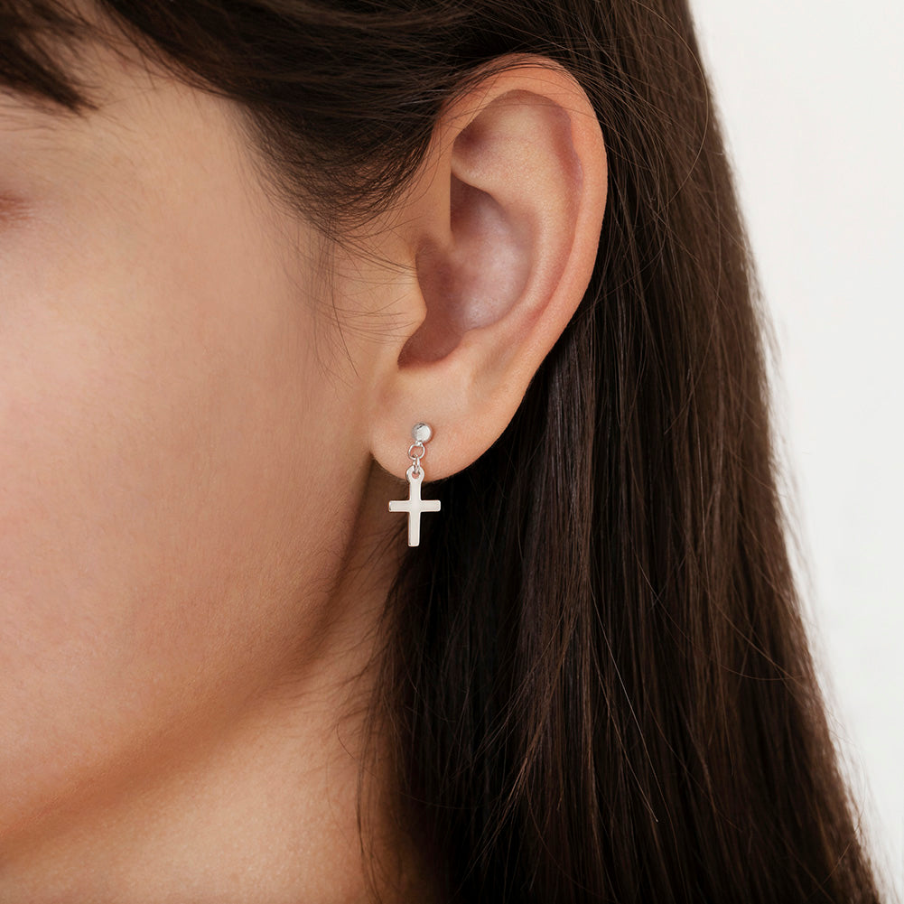 My First Dangle Cross Kids / Children's / Girls Earrings Screw Back - Sterling Silver