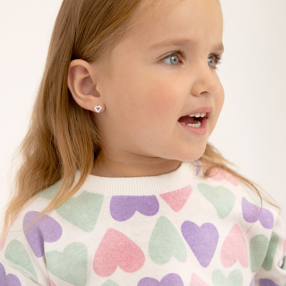 Open CZ Heart Pink & Clear Baby / Toddler / Kids Earrings Screw Back - Sterling Silver