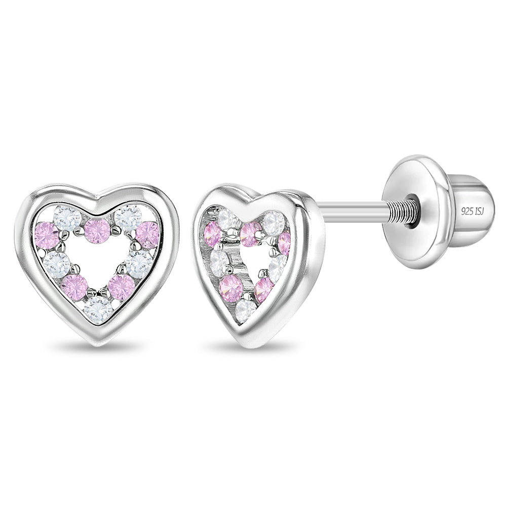 Open CZ Heart Pink & Clear Baby / Toddler / Kids Earrings Screw Back - Sterling Silver