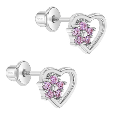 Delicate Heart & Flower Pink Baby / Toddler / Kids Earrings Screw Back - Sterling Silver