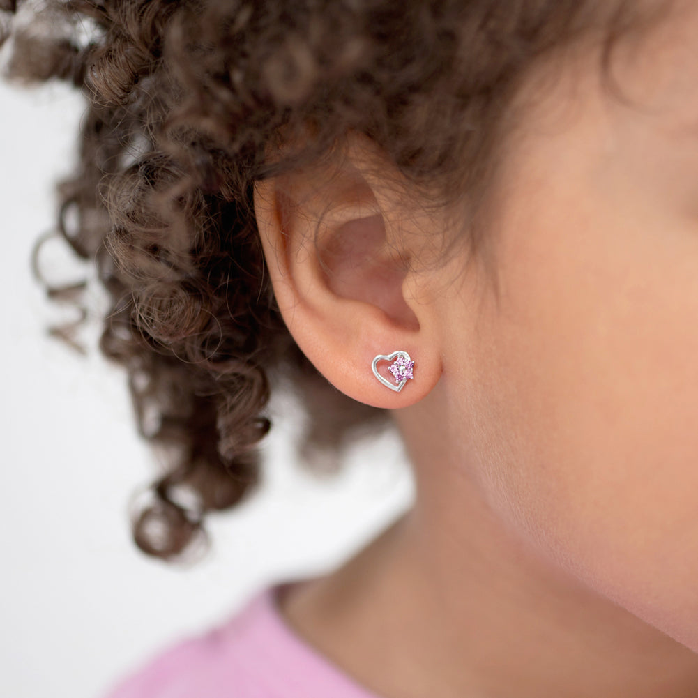 Delicate Heart & Flower Pink Baby / Toddler / Kids Earrings Screw Back - Sterling Silver