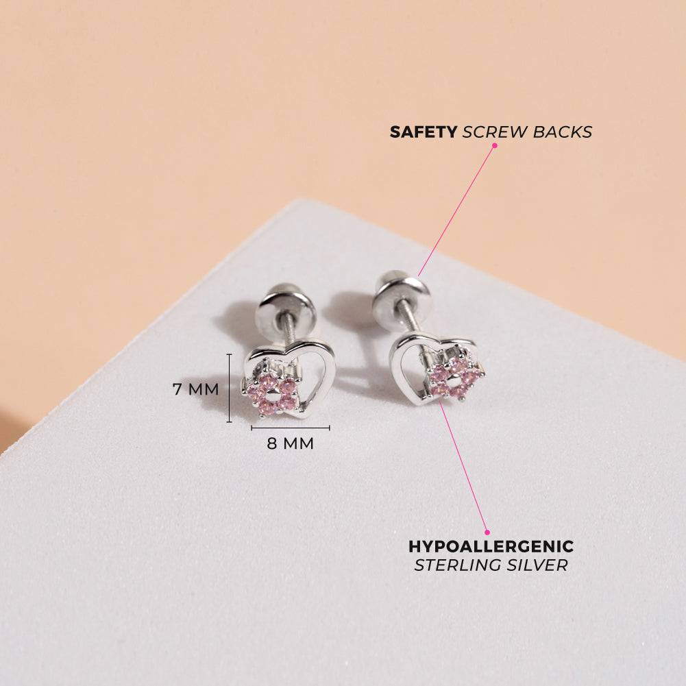Delicate Heart & Flower Pink Baby / Toddler / Kids Earrings Screw Back - Sterling Silver