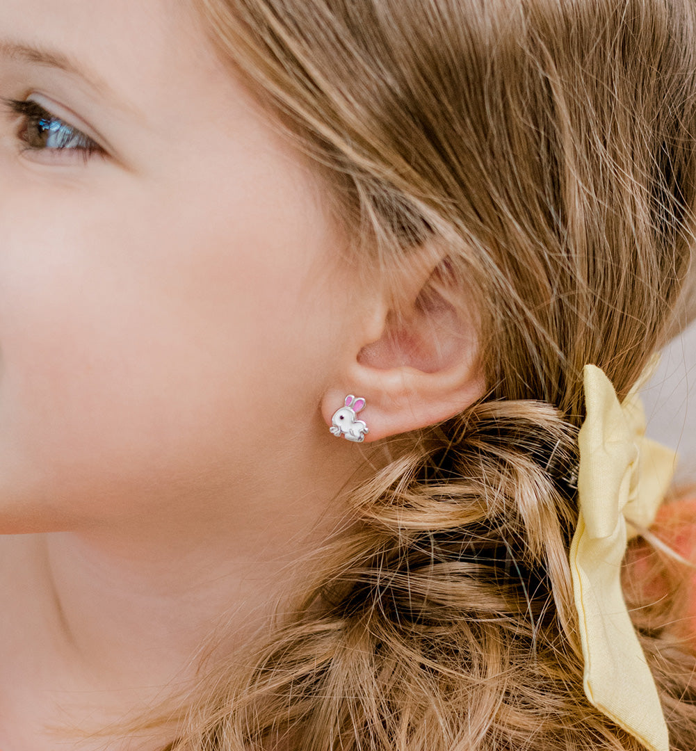 Hopping Bunny Kids / Children's / Girls Earrings Enamel - Sterling Silver