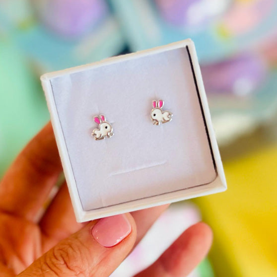 Hopping Bunny Kids / Children's / Girls Earrings Enamel - Sterling Silver
