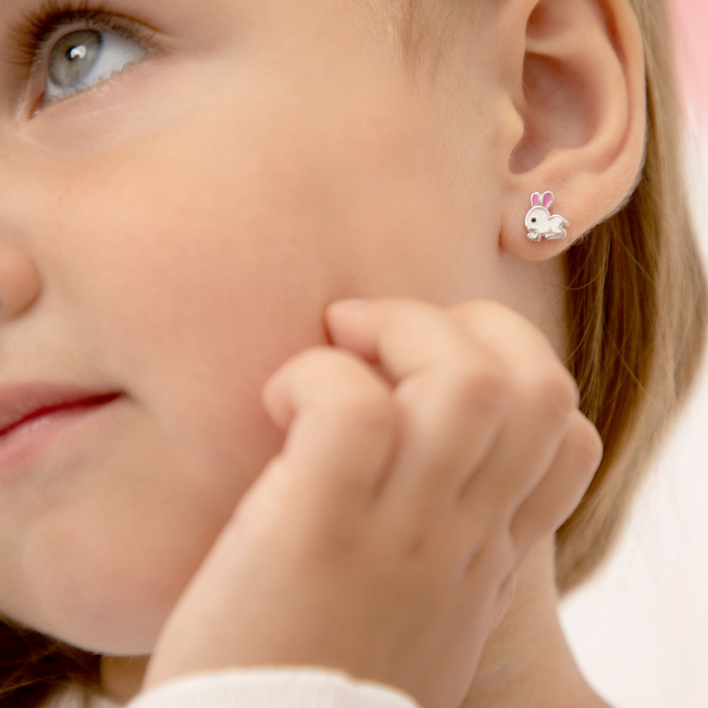Hopping Bunny Kids / Children's / Girls Earrings Enamel - Sterling Silver