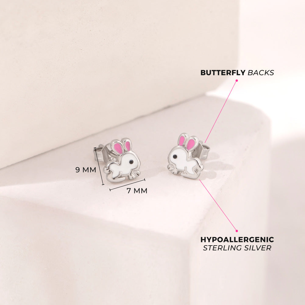 Hopping Bunny Kids / Children's / Girls Earrings Enamel - Sterling Silver