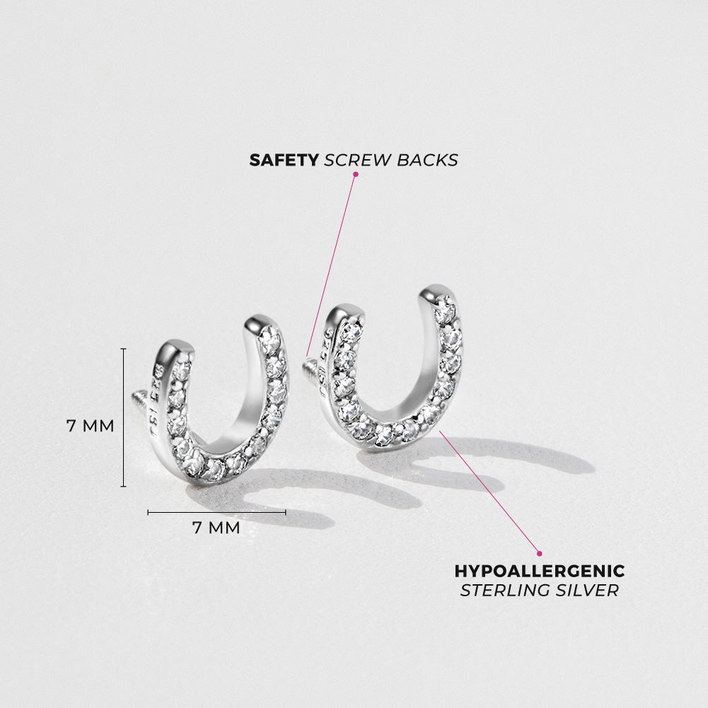 Jeweled Horseshoe Baby / Toddler / Kids Earrings Screw Back - Sterling Silver