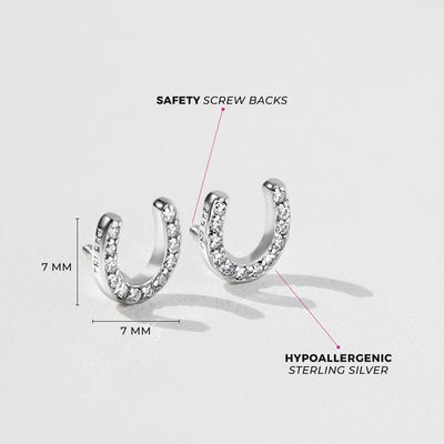 Jeweled Horseshoe Baby / Toddler / Kids Earrings Screw Back - Sterling Silver