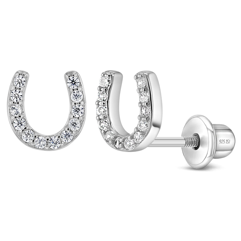 Jeweled Horseshoe Baby / Toddler / Kids Earrings Screw Back - Sterling Silver