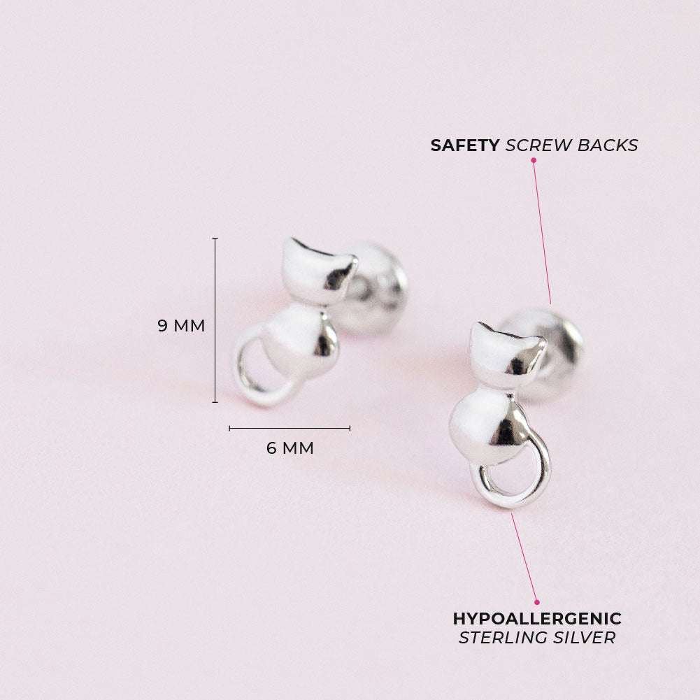 Kitty Cat Waiting for Me Baby / Toddler / Kids Earrings Screw Back - Sterling Silver