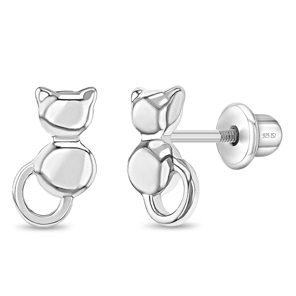 Kitty Cat Waiting for Me Baby / Toddler / Kids Earrings Screw Back - Sterling Silver