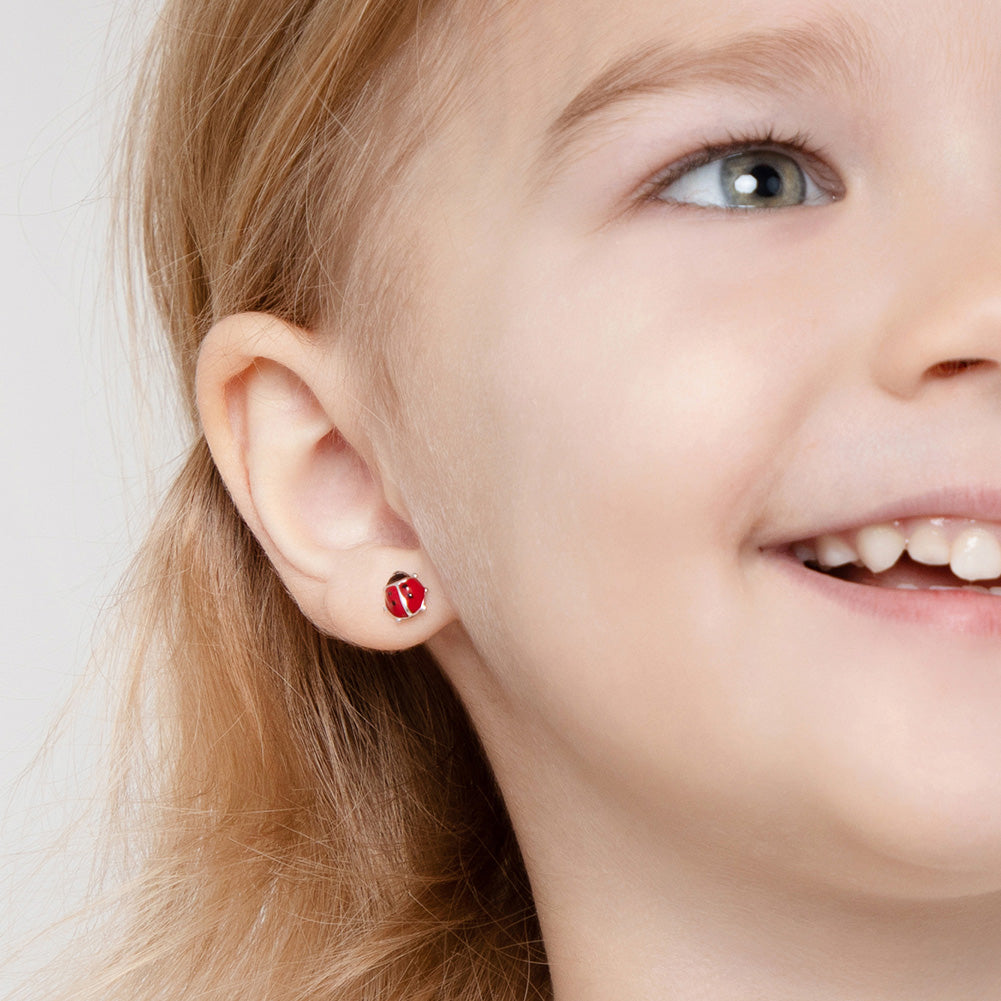 Adorable Enamel Ladybug Baby / Toddler / Kids Earrings Screw Back Enamel - Sterling Silver