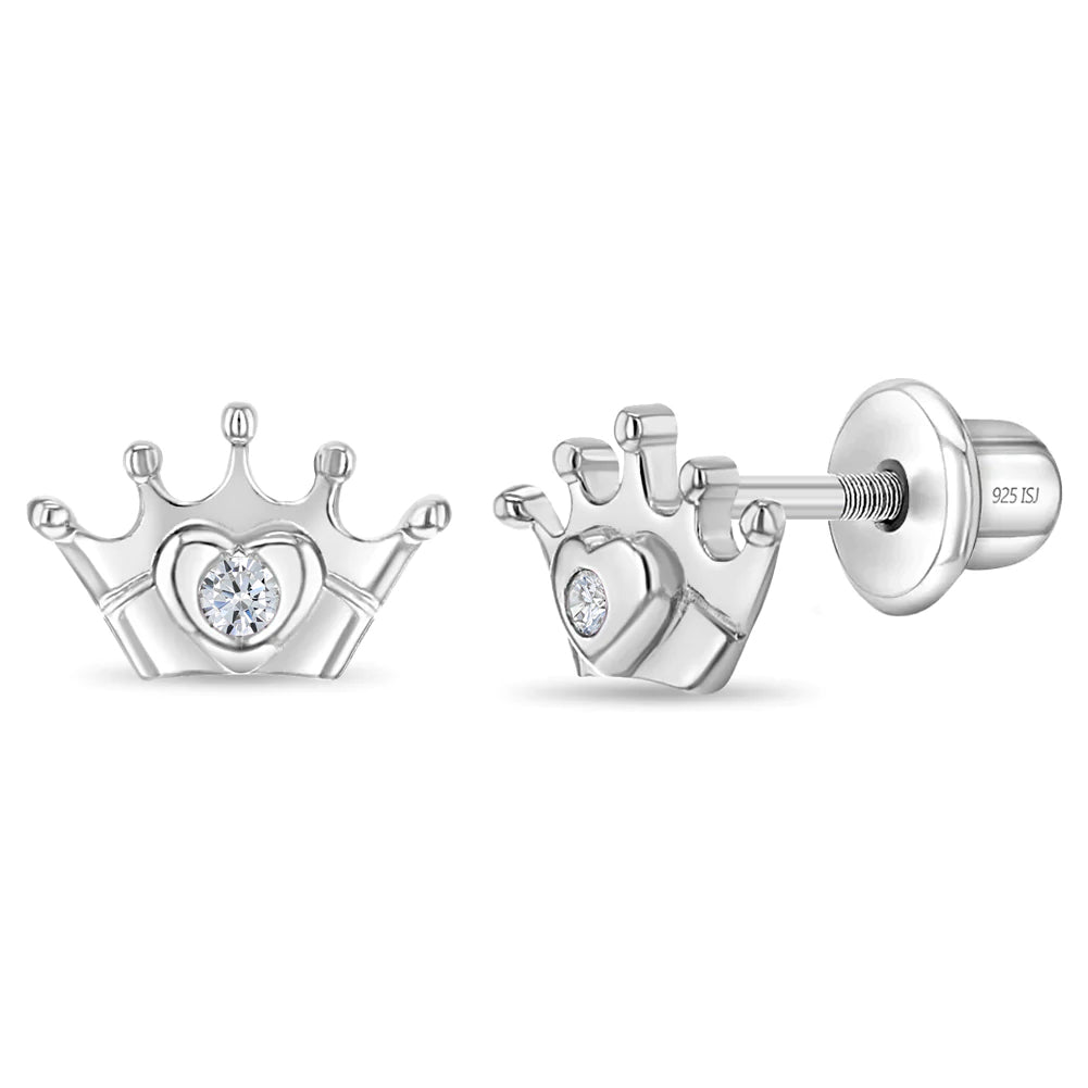 925 Sterling Silver Cubic Zirconia Princess Crown Screw Back Earrings for Girls