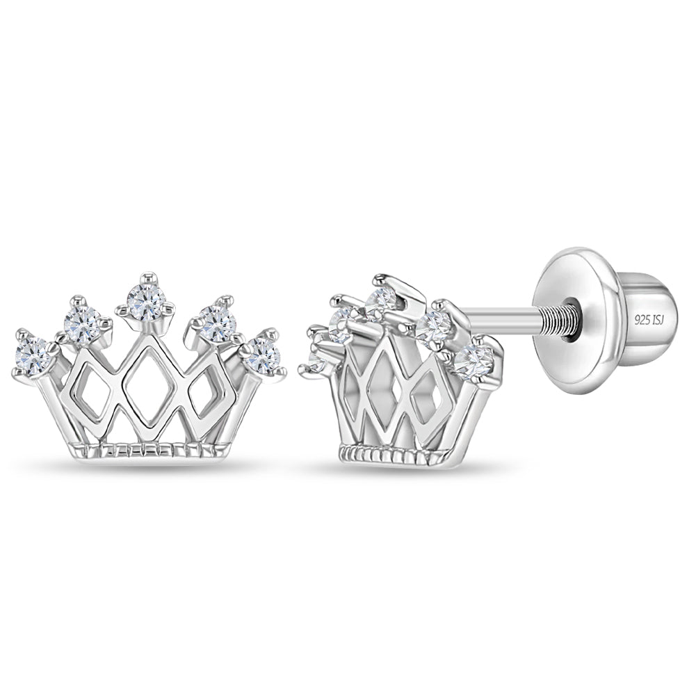 Gold Plated Clear Cubic Zirconia Princess Crown Screw Back Earrings for  Girls 
