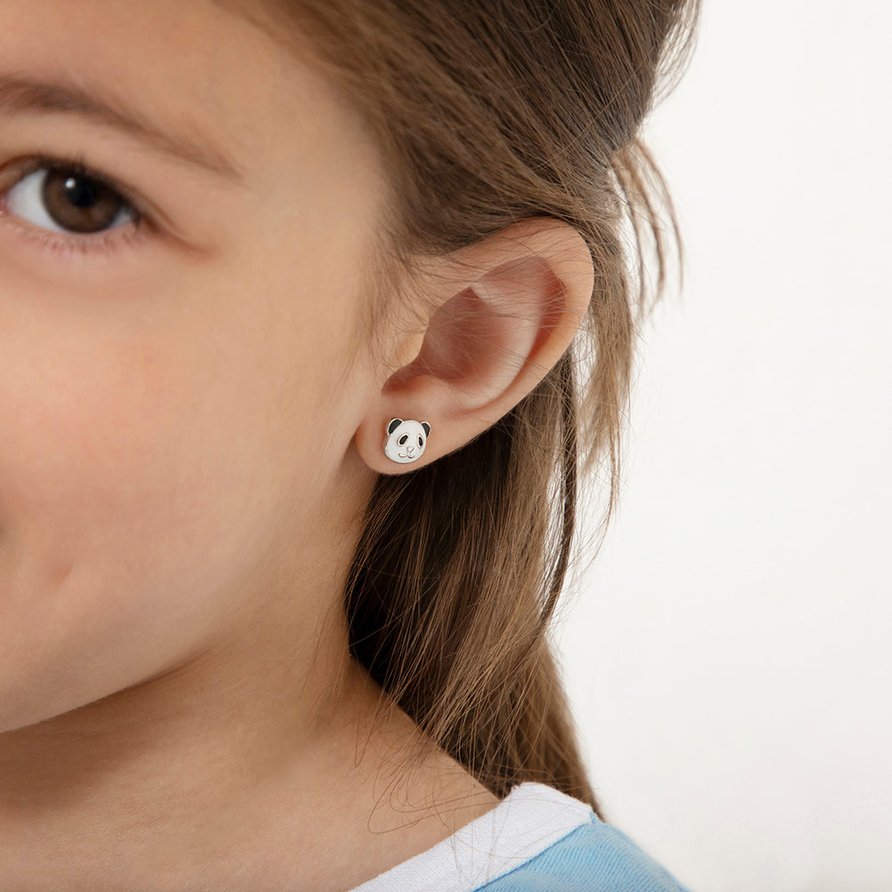 Baby Panda Toddler / Kids Earrings Screw Back Enamel - Sterling Silver