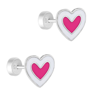 Hearts & More Hearts Baby / Toddler / Kids Earrings Safety Push Back Enamel - Sterling Silver