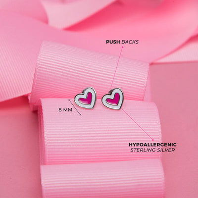 Hearts & More Hearts Baby / Toddler / Kids Earrings Safety Push Back Enamel - Sterling Silver