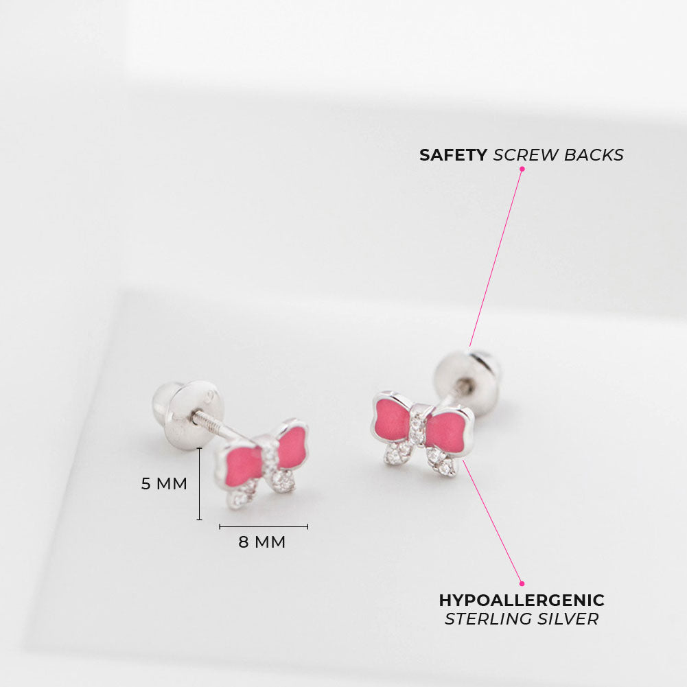 Pretty in Pink Bow Baby / Toddler / Kids Earrings Screw Back Enamel - Sterling Silver