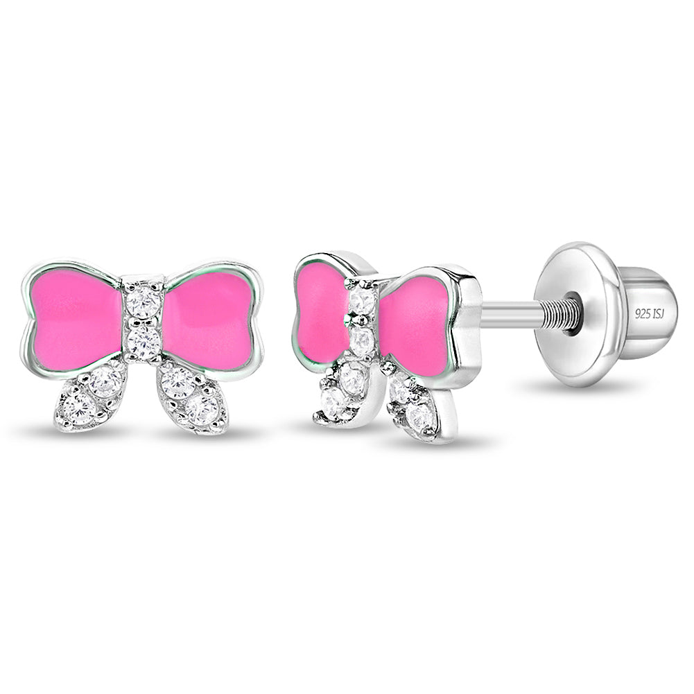 Pretty in Pink Bow Baby / Toddler / Kids Earrings Screw Back Enamel - Sterling Silver