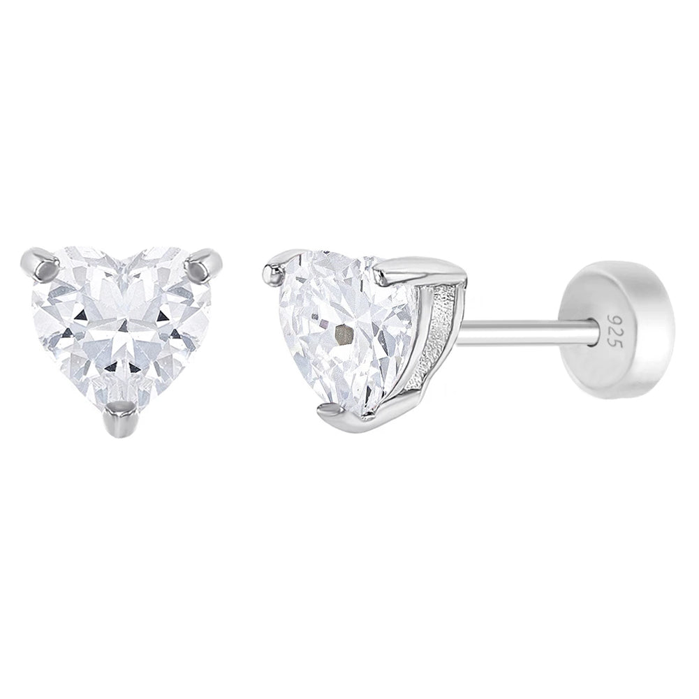 Solitaire Heart Kids / Children's / Girls Earrings Safety Push Back - Sterling Silver