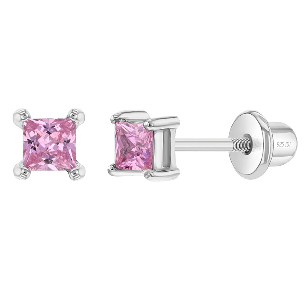 Simply Square CZ Solitaire 3mm Baby / Toddler / Kids Earrings Screw Back - Sterling Silver