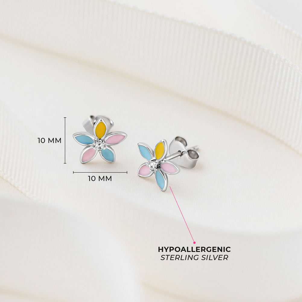 Fun Multicolor Summer Flower Kids / Teen Earrings Enamel - Sterling Silver