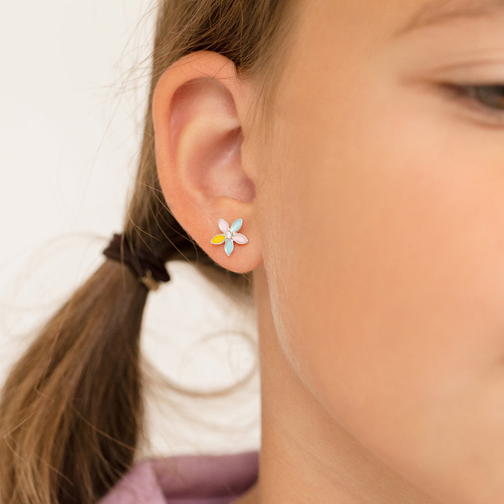 Fun Multicolor Summer Flower Kids / Teen Earrings Enamel - Sterling Silver