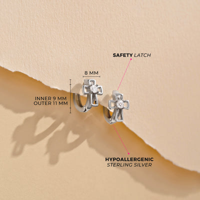 Open CZ Cross 9mm Kids / Children's / Girls Earrings Hoop/Huggie Safety Latch - Sterling Silver