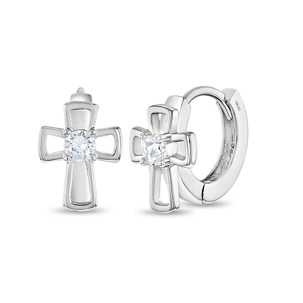 Open CZ Cross 9mm Kids / Children's / Girls Earrings Hoop/Huggie Safety Latch - Sterling Silver