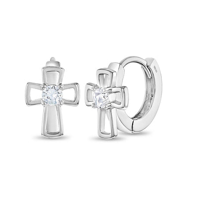 Open CZ Cross 9mm Kids / Children's / Girls Earrings Hoop/Huggie Safety Latch - Sterling Silver