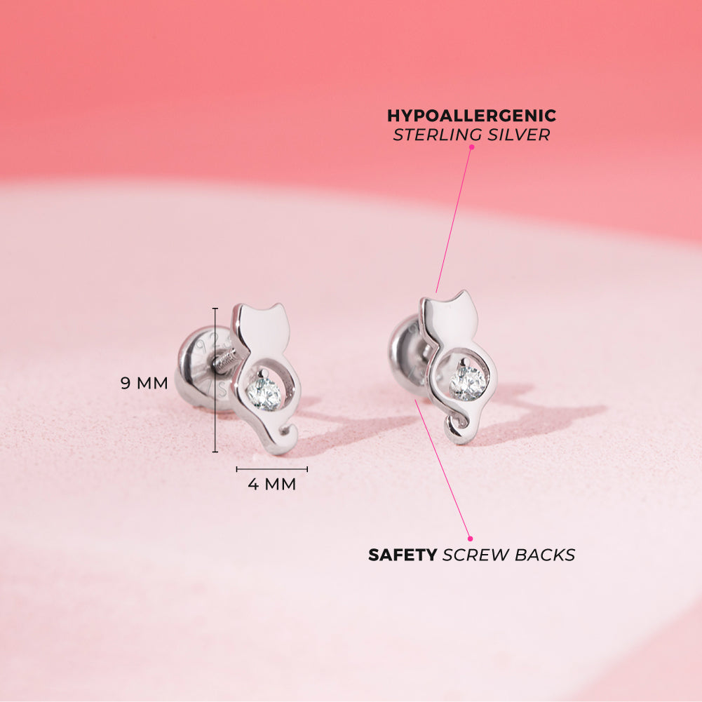 CZ Kitty Friend Baby / Toddler / Kids Earrings Screw Back - Sterling Silver