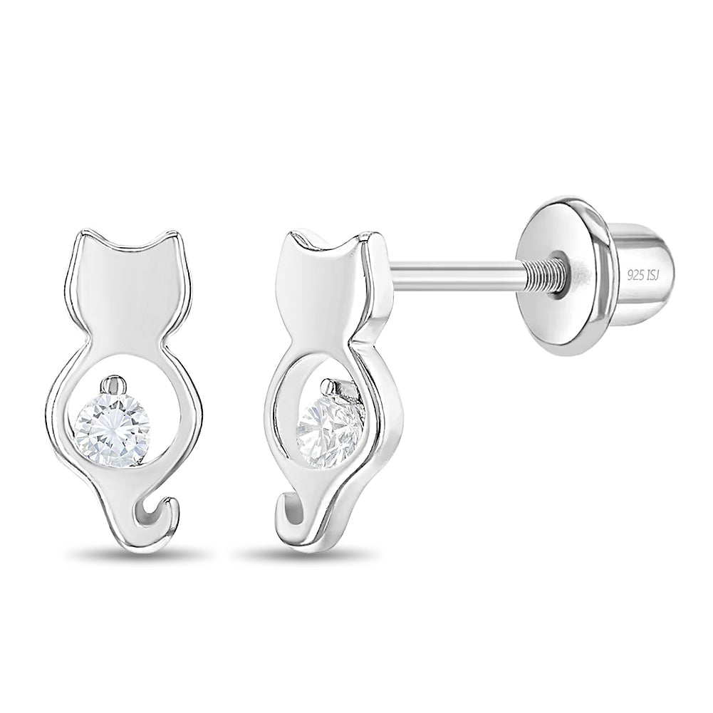 CZ Kitty Friend Baby / Toddler / Kids Earrings Screw Back - Sterling Silver