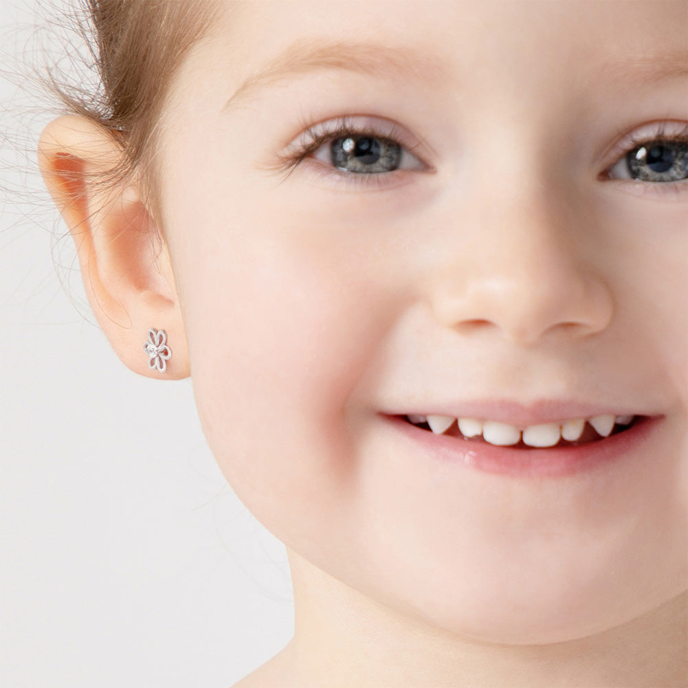 Spring Cubic Zirconia Flower Baby / Toddler / Kids Earrings Screw Back - Sterling Silver