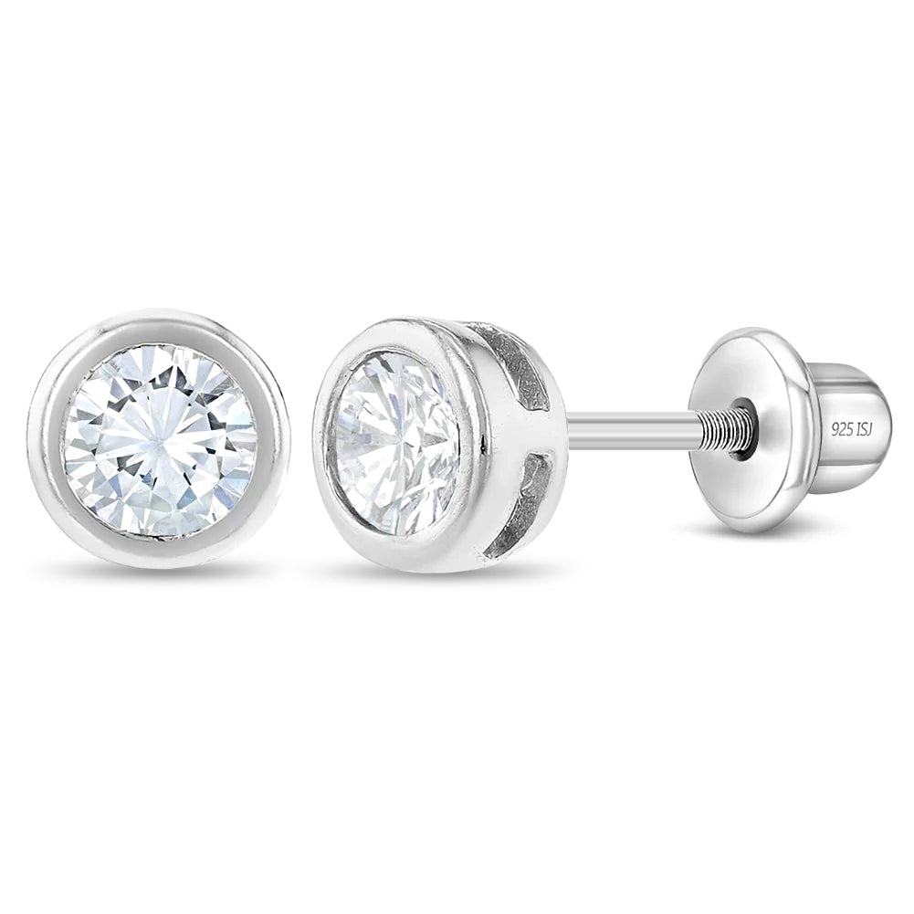 Round Bezel CZ 5mm Baby / Toddler / Kids Earrings Screw Back - Sterling Silver