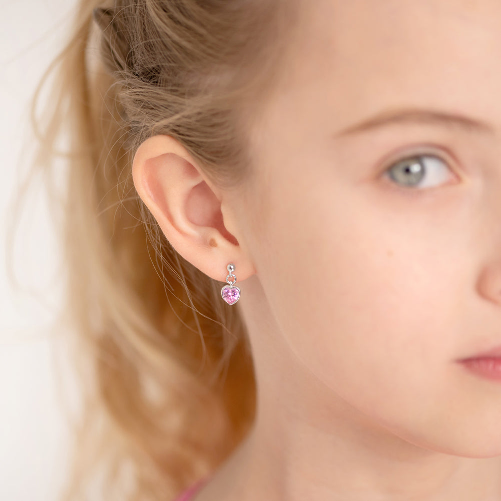 Two Sided Heart CZ Dangle Kids / Children's / Girls Earrings - Sterling Silver