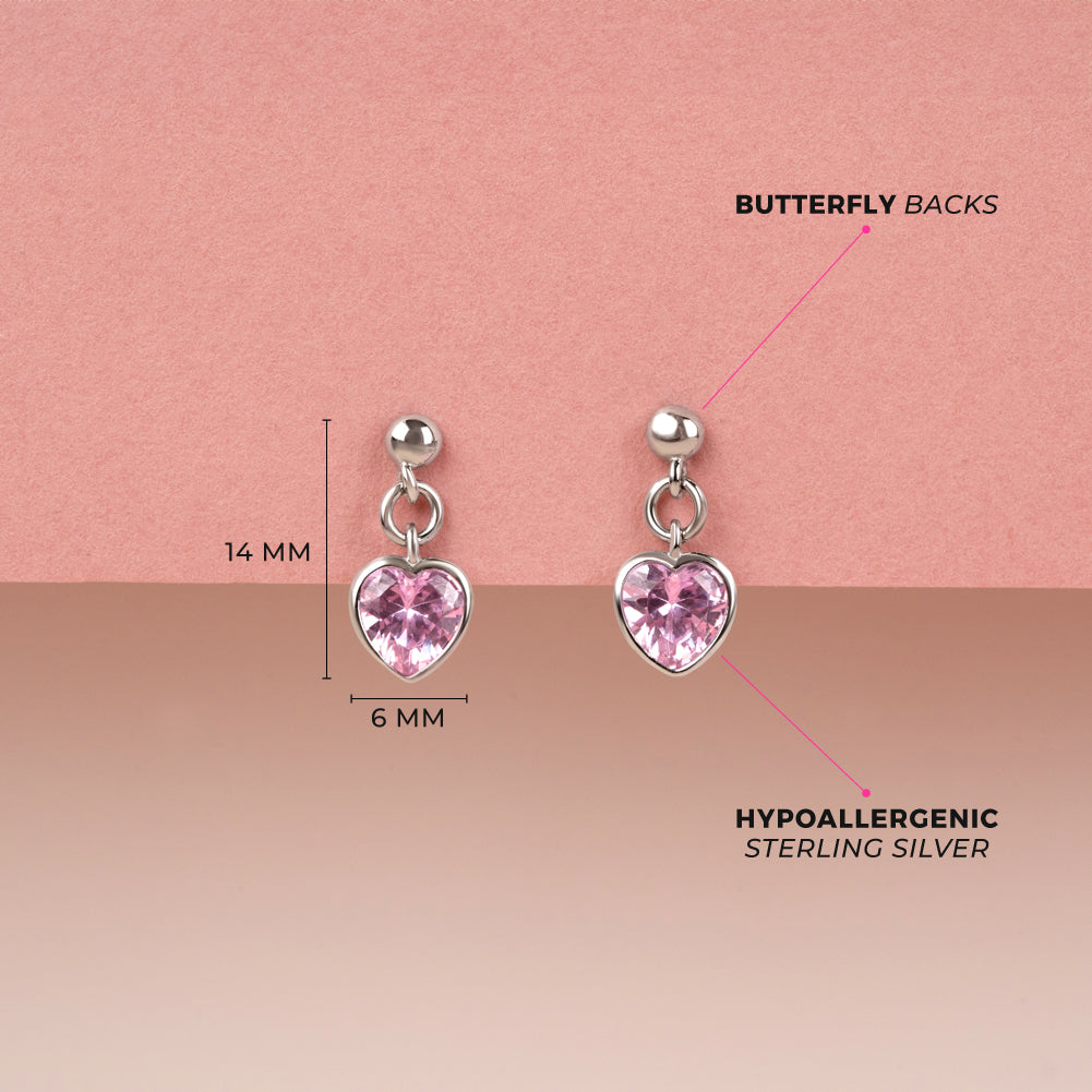 Two Sided Heart CZ Dangle Kids / Children's / Girls Earrings - Sterling Silver