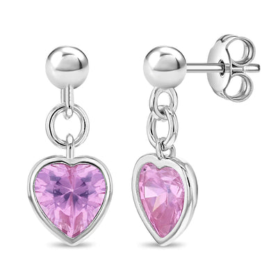 Two Sided Heart CZ Dangle Kids / Children's / Girls Earrings - Sterling Silver