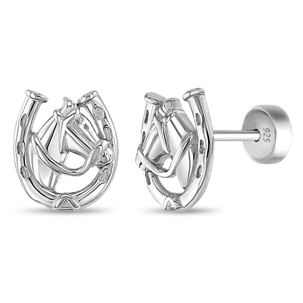 Winner's Circle Horse Kids / Children's / Girls Earrings Safety Push Back - Sterling Silver