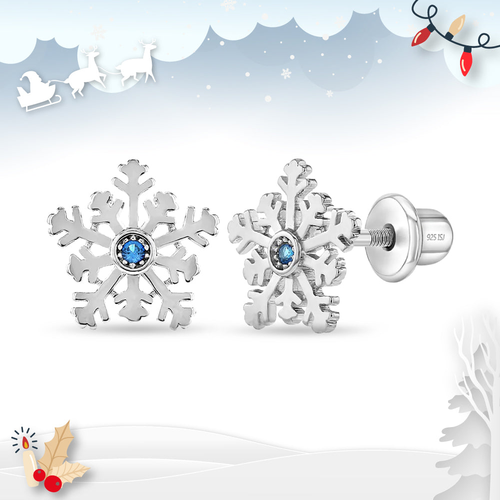 Winter Christmas Snowflake Kids / Children's / Girls Earrings Screw Back - Sterling Silver
