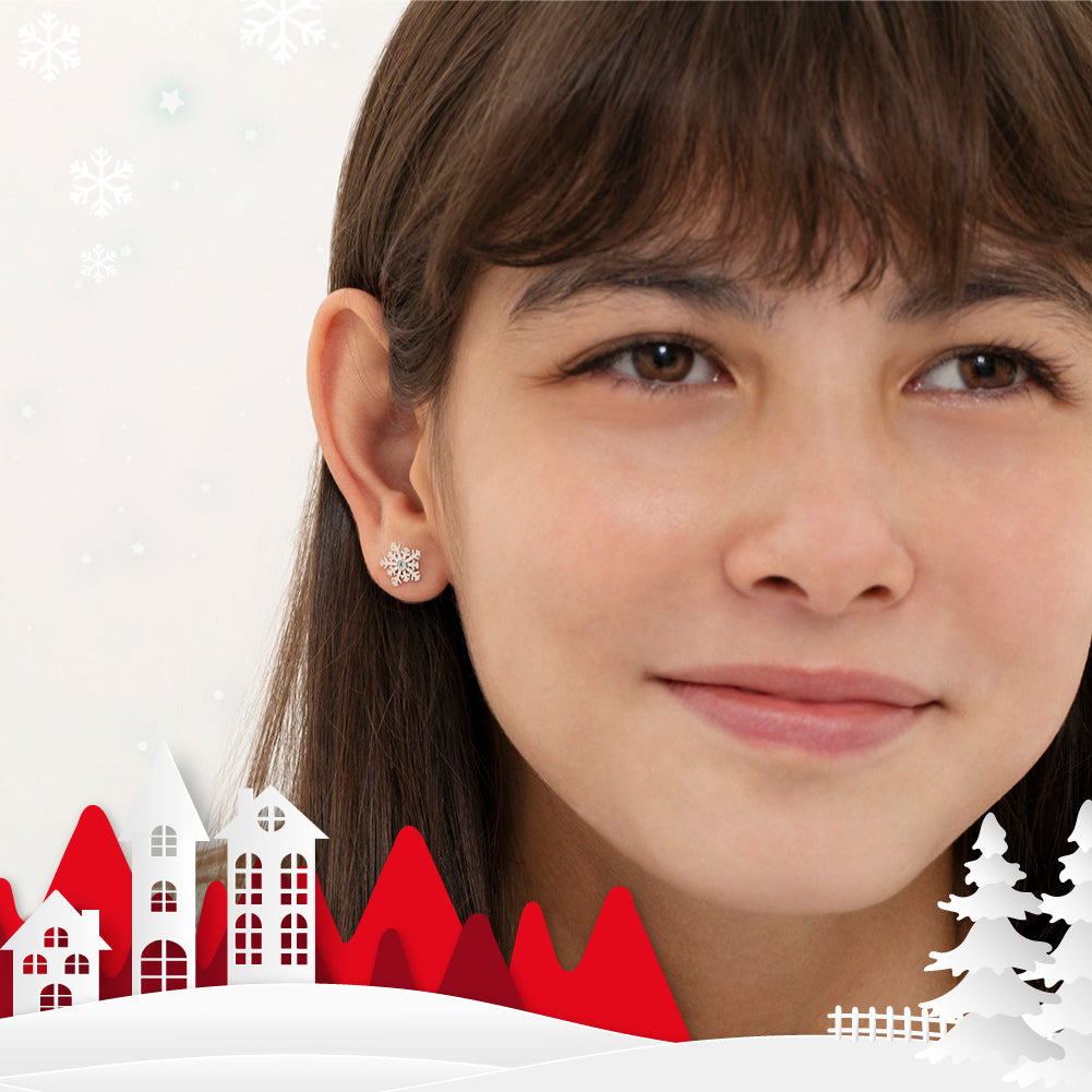 Winter Christmas Snowflake Kids / Children's / Girls Earrings Screw Back - Sterling Silver