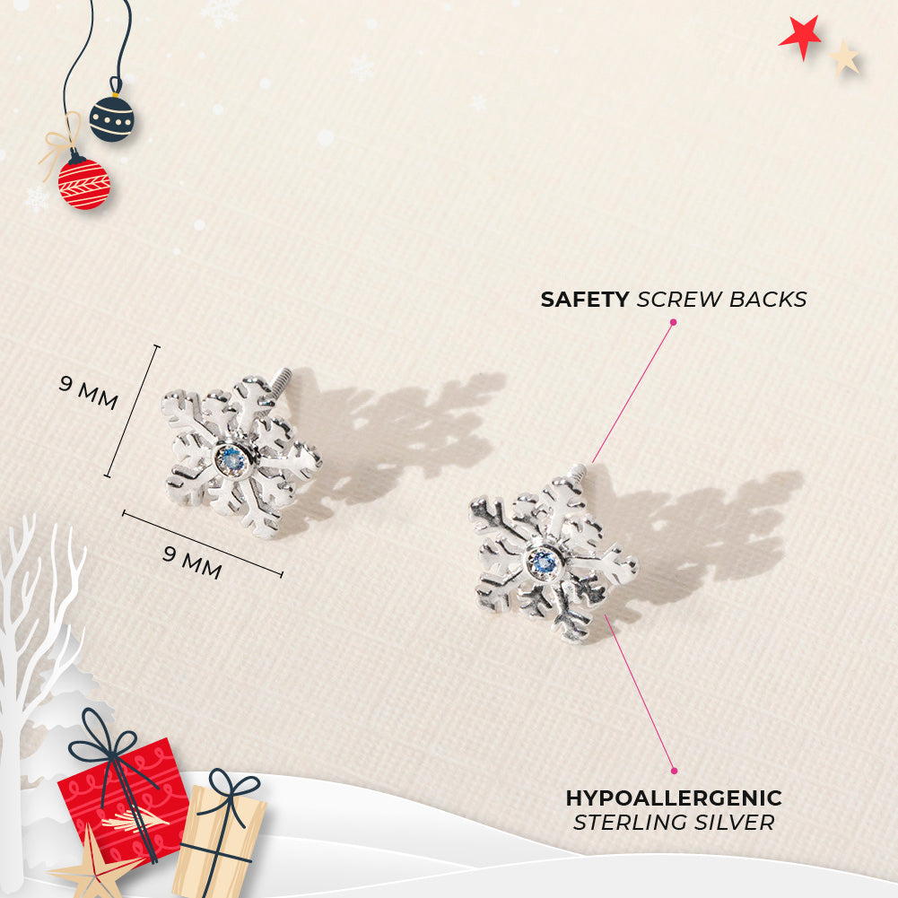 Winter Christmas Snowflake Kids / Children's / Girls Earrings Screw Back - Sterling Silver