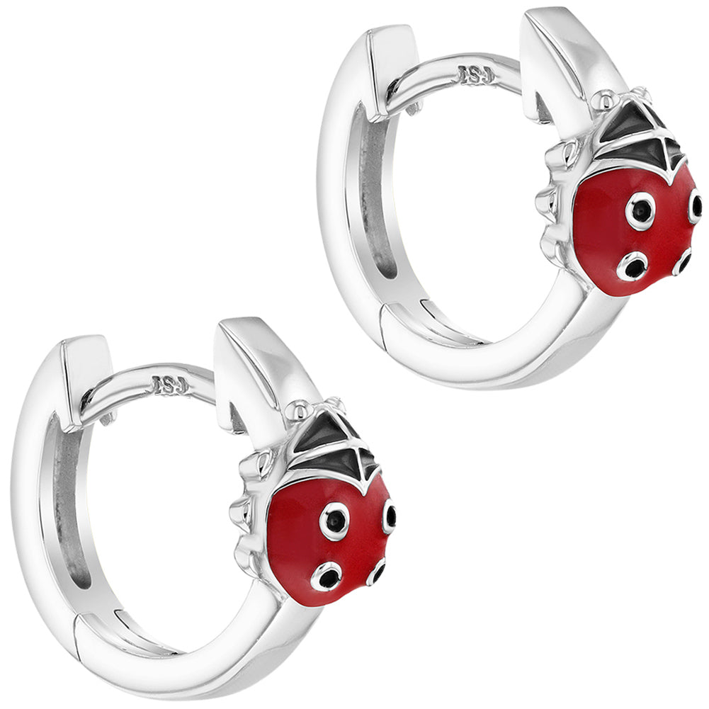 Ladybug on my 9mm Baby / Toddler / Kids Earrings Hoop/Huggie Enamel Safety Latch - Sterling Silver