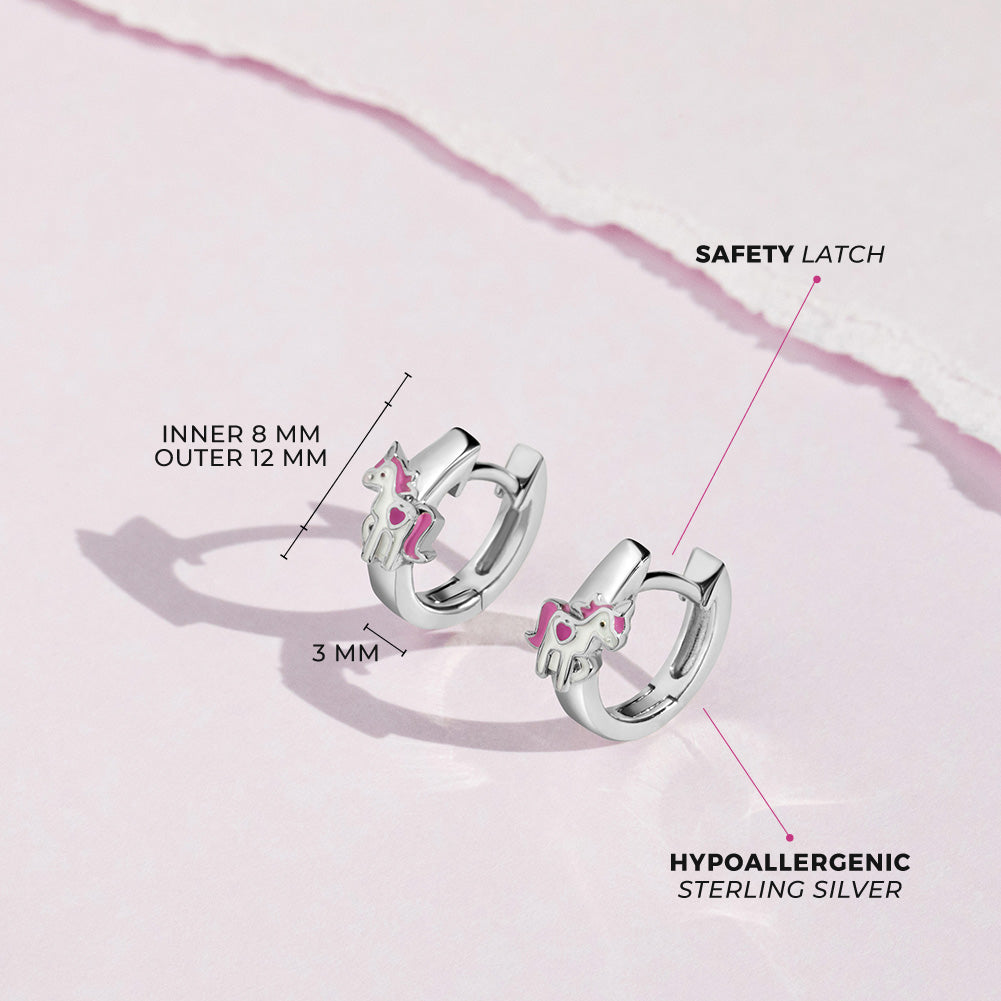 Magical Unicorn 9mm Baby / Toddler / Kids Earrings Hoop/Huggie Enamel Safety Latch - Sterling Silver