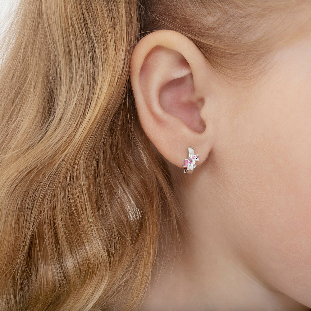 Magical Unicorn 9mm Baby / Toddler / Kids Earrings Hoop/Huggie Enamel Safety Latch - Sterling Silver