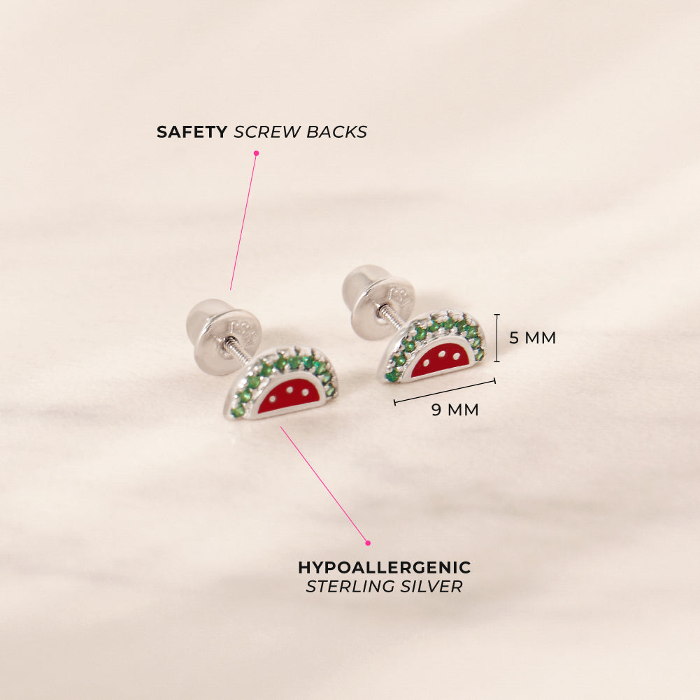 Watermelon Season Baby / Toddler / Kids Earrings Screw Back Enamel - Sterling Silver