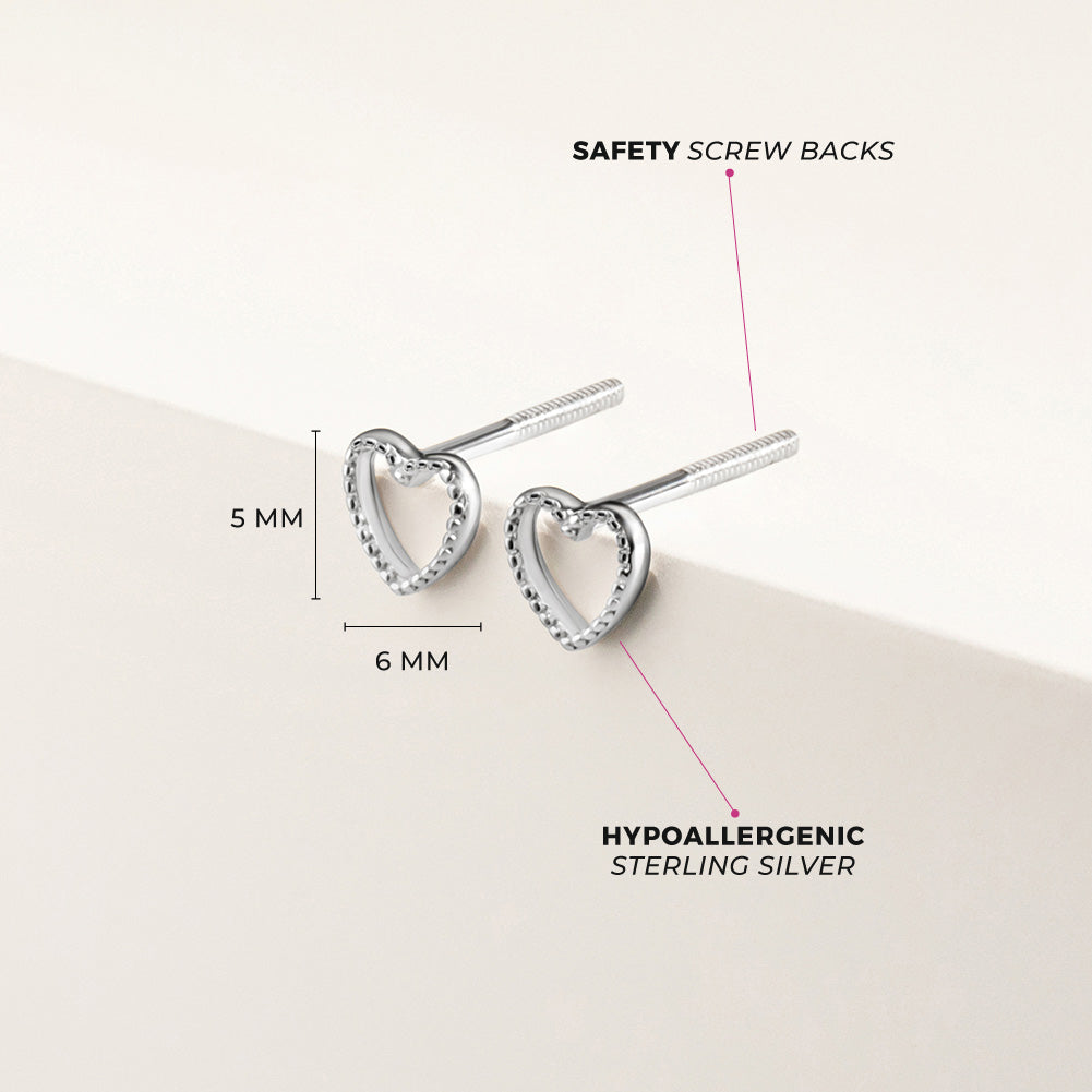 Tiny Open Textured Heart 4mm Baby / Toddler / Kids Earrings Screw Back - Sterling Silver