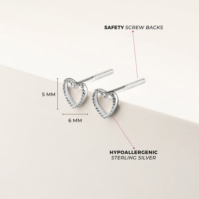 Tiny Open Textured Heart 4mm Baby / Toddler / Kids Earrings Screw Back - Sterling Silver